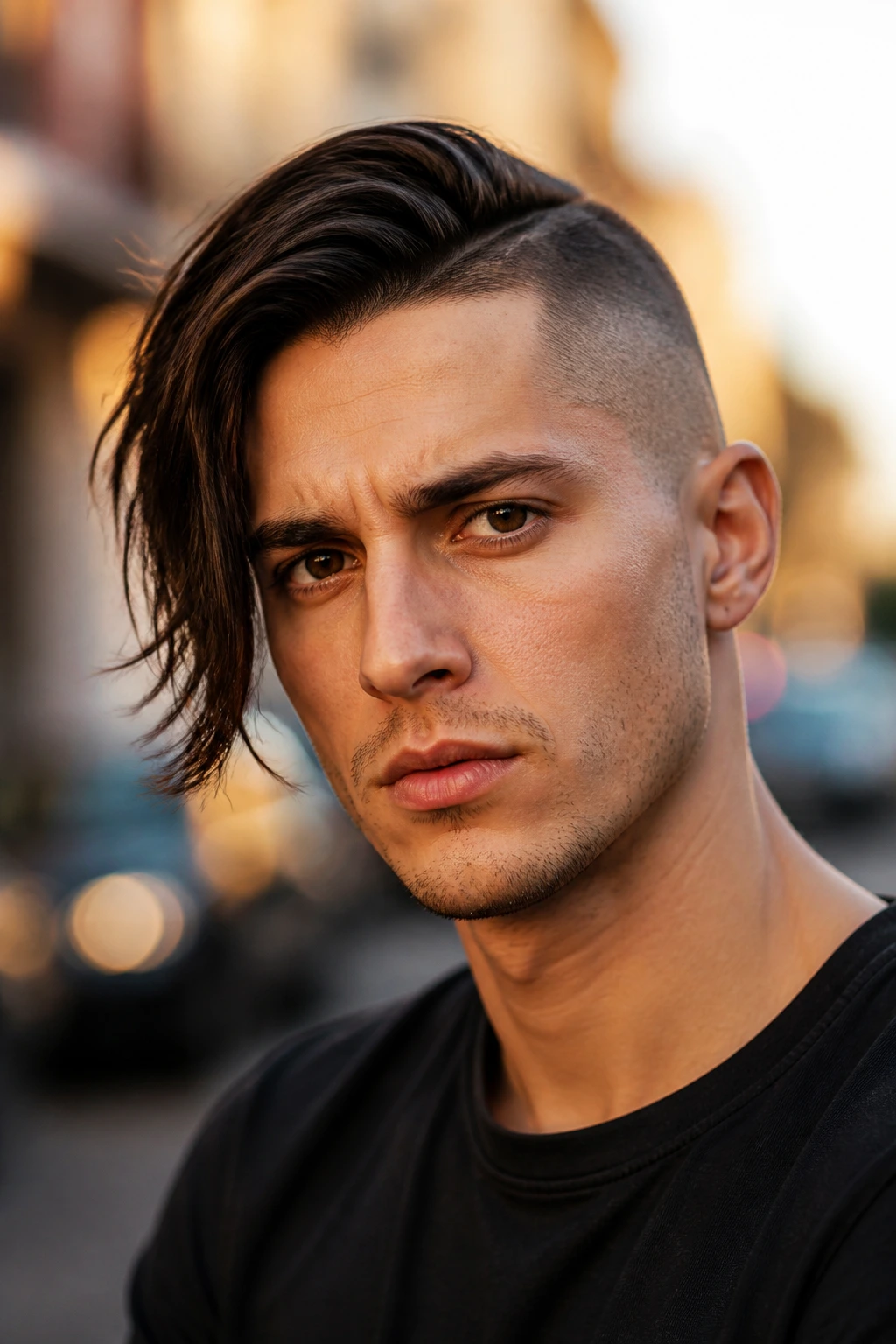 Close-up portrait of a real person with asymmetrical sweep and close fade hairstyle on street setting