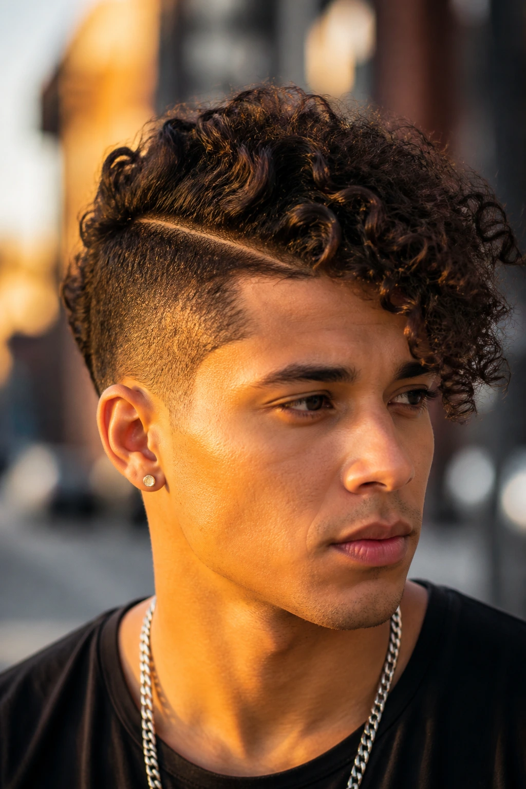 Close-up of real person with asymmetrical sweep faux hawk ridge angled to temple