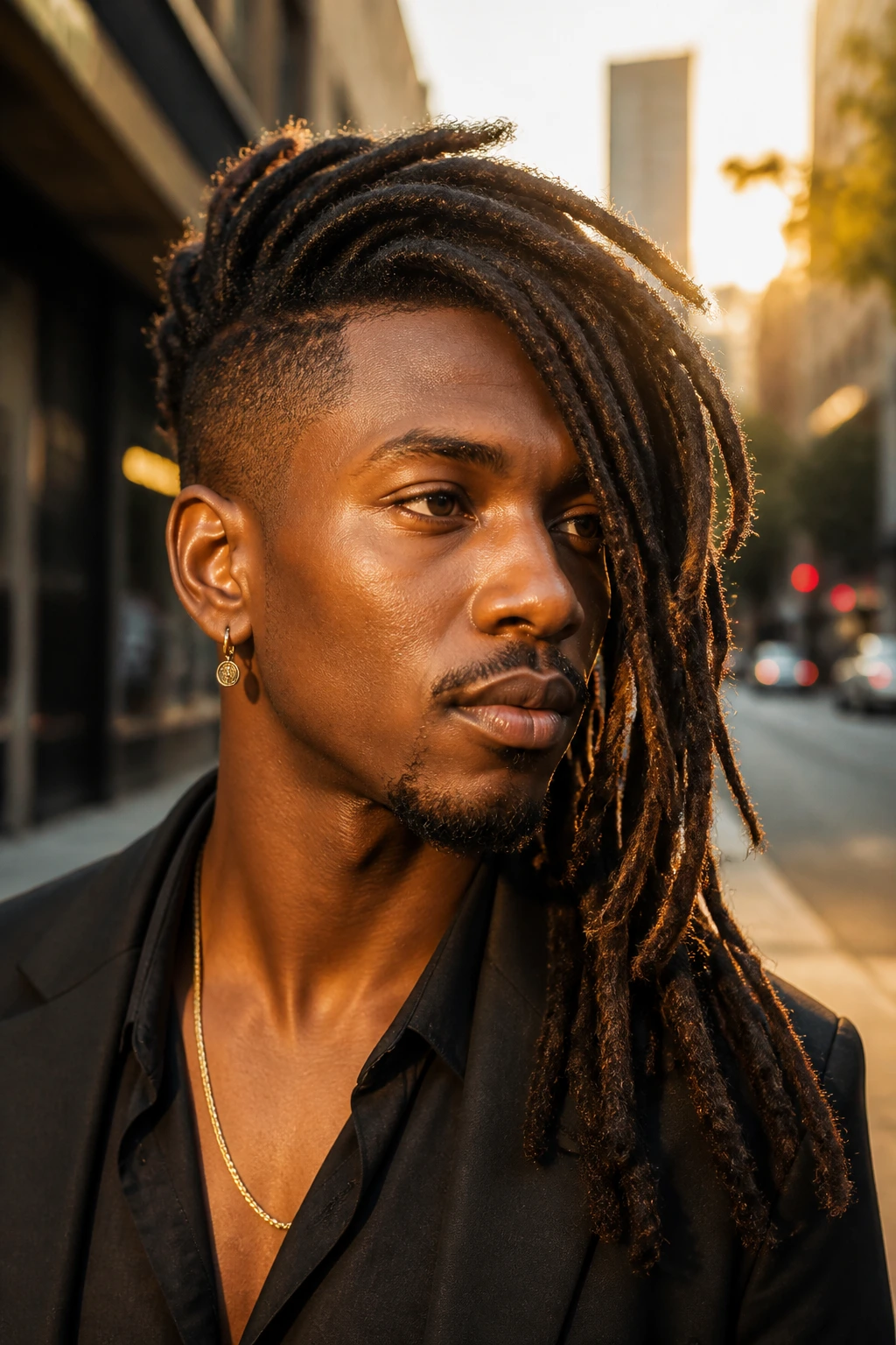 Close-up portrait of a real person with an Asymmetrical Swept Mohawk swept to one side.