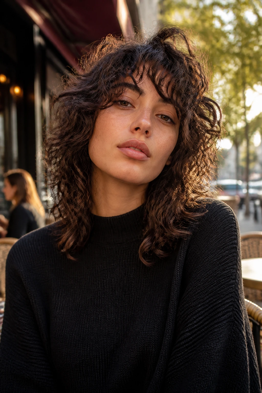 Close-up of a real woman with Asymmetrical Swing Wolf hairstyle