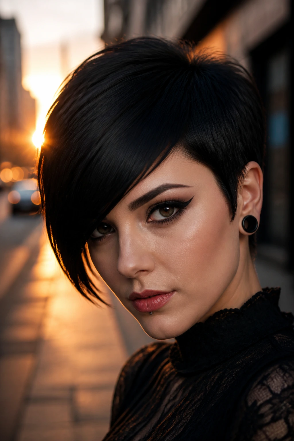 Real person with asymmetrical swoop bangs on dimly lit street