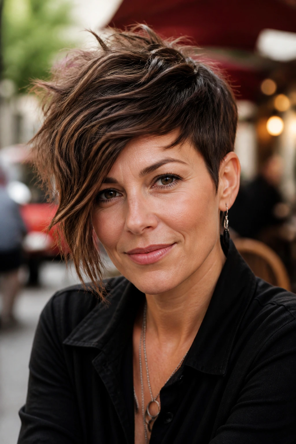 Close-up portrait of a real woman with an asymmetrical textured pixie hairstyle.