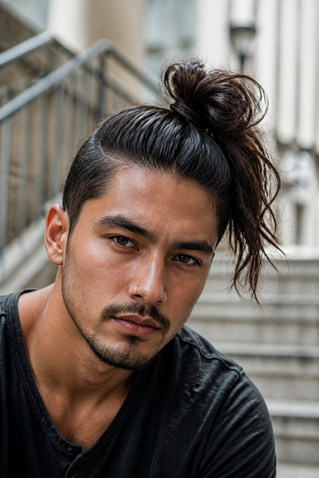 Portrait of a man with an asymmetrical top knot