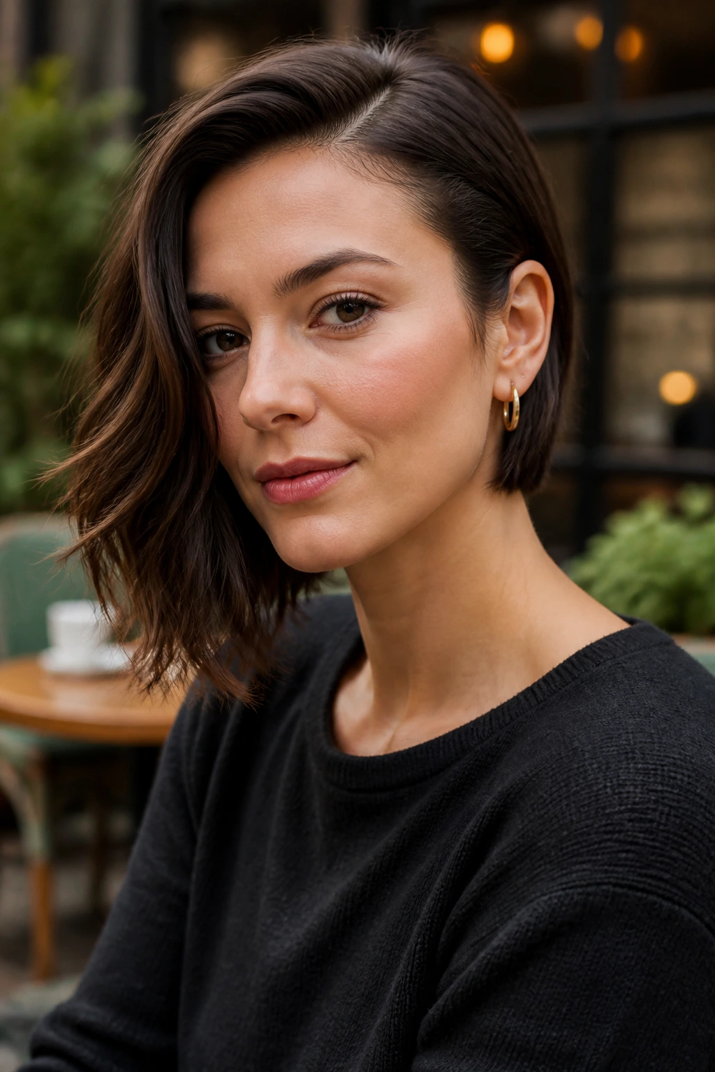 Real person wearing asymmetrical tuck and sweep hairstyle with one side tucked and the other swept.
