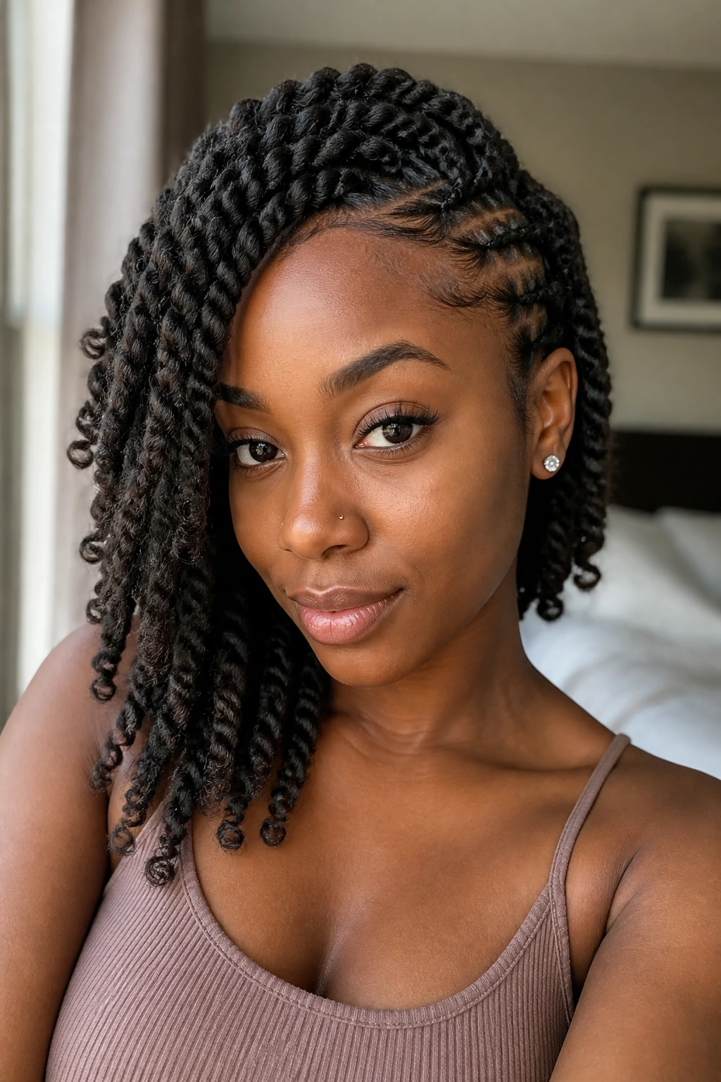 Close-up of asymmetrical twists on a real person with uneven sides.