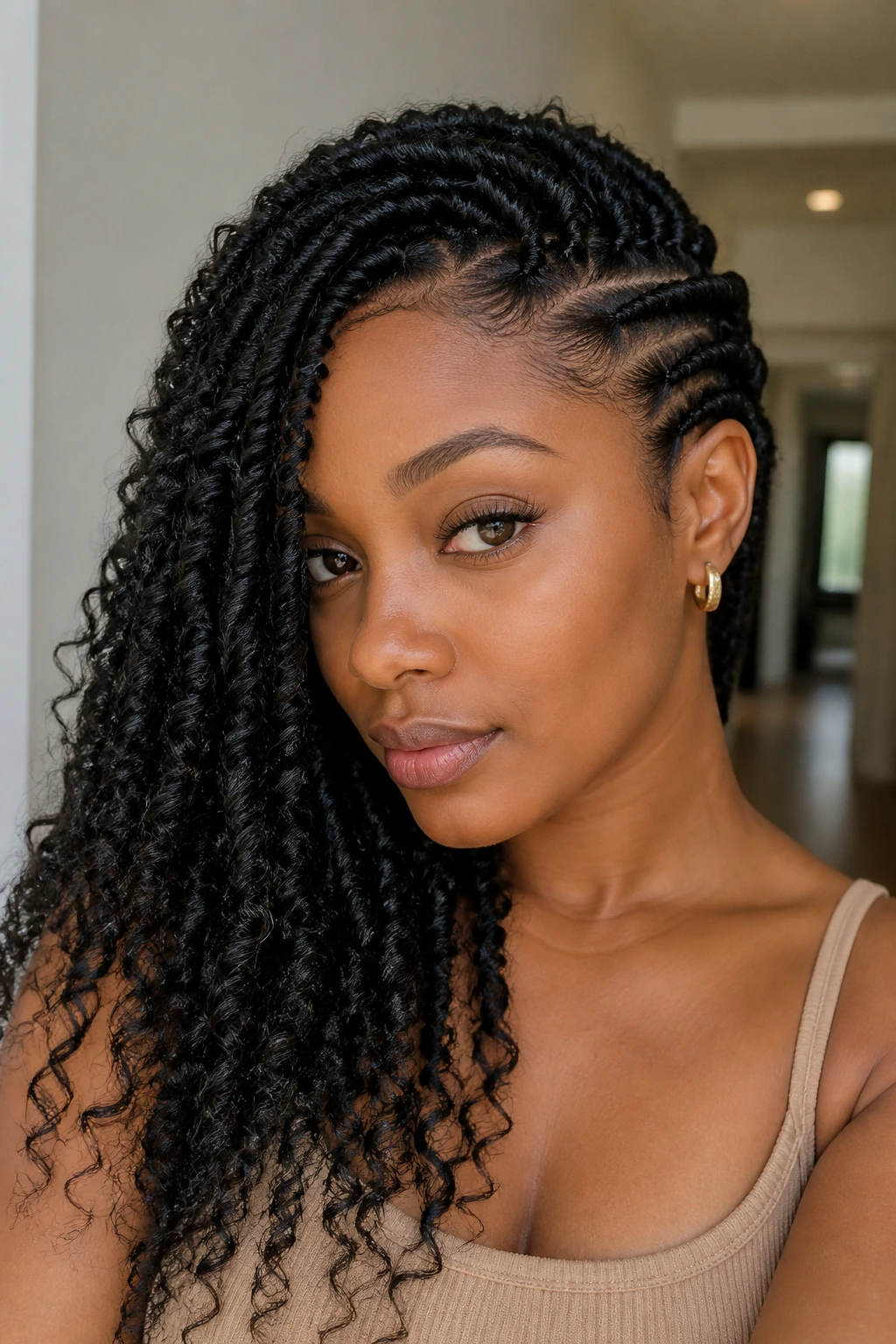 Close-up of a real woman with asymmetrical side-swept spring twists