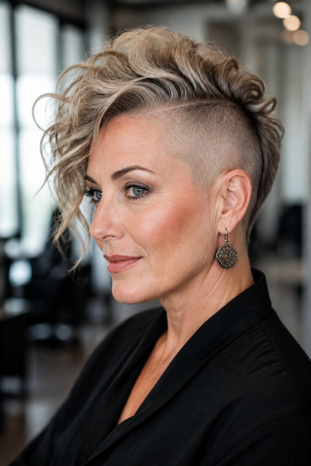 Close-up of a real woman with asymmetrical undercut hawk