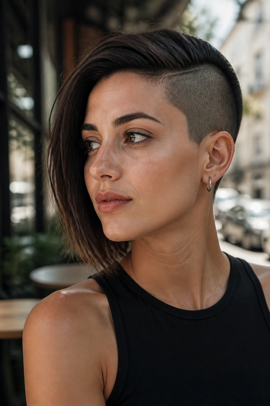 Close-up portrait of a real person with an asymmetrical undercut featuring a longer textured side and a shaved shorter side, urban cafe backdrop