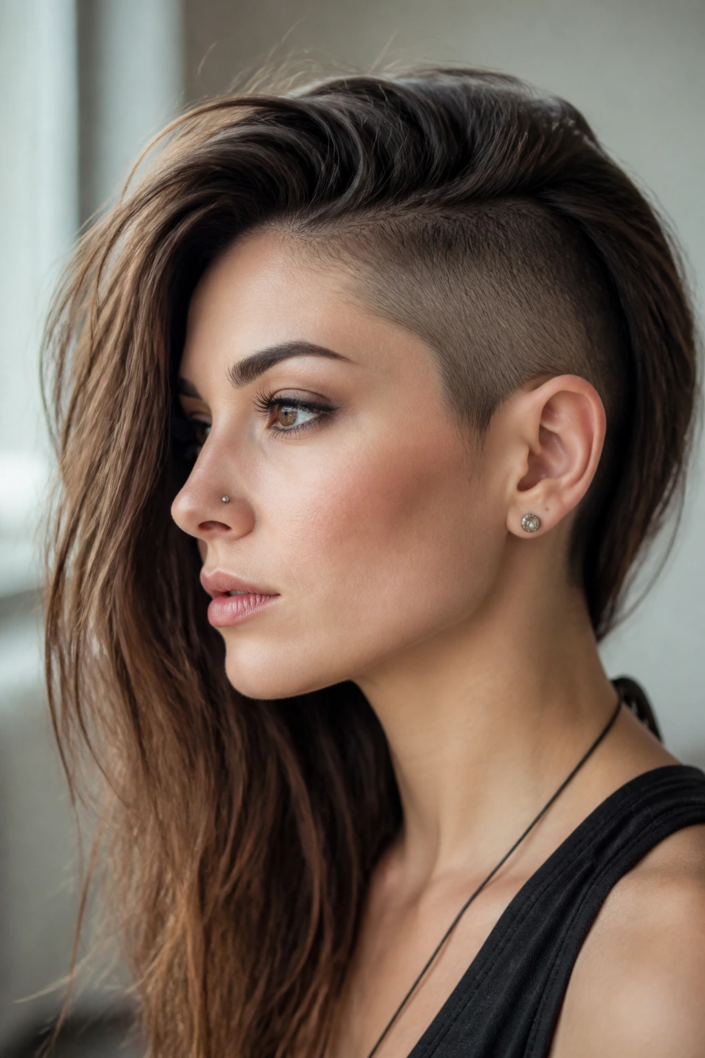 Side-profile of a real woman showing an asymmetrical undercut sweep
