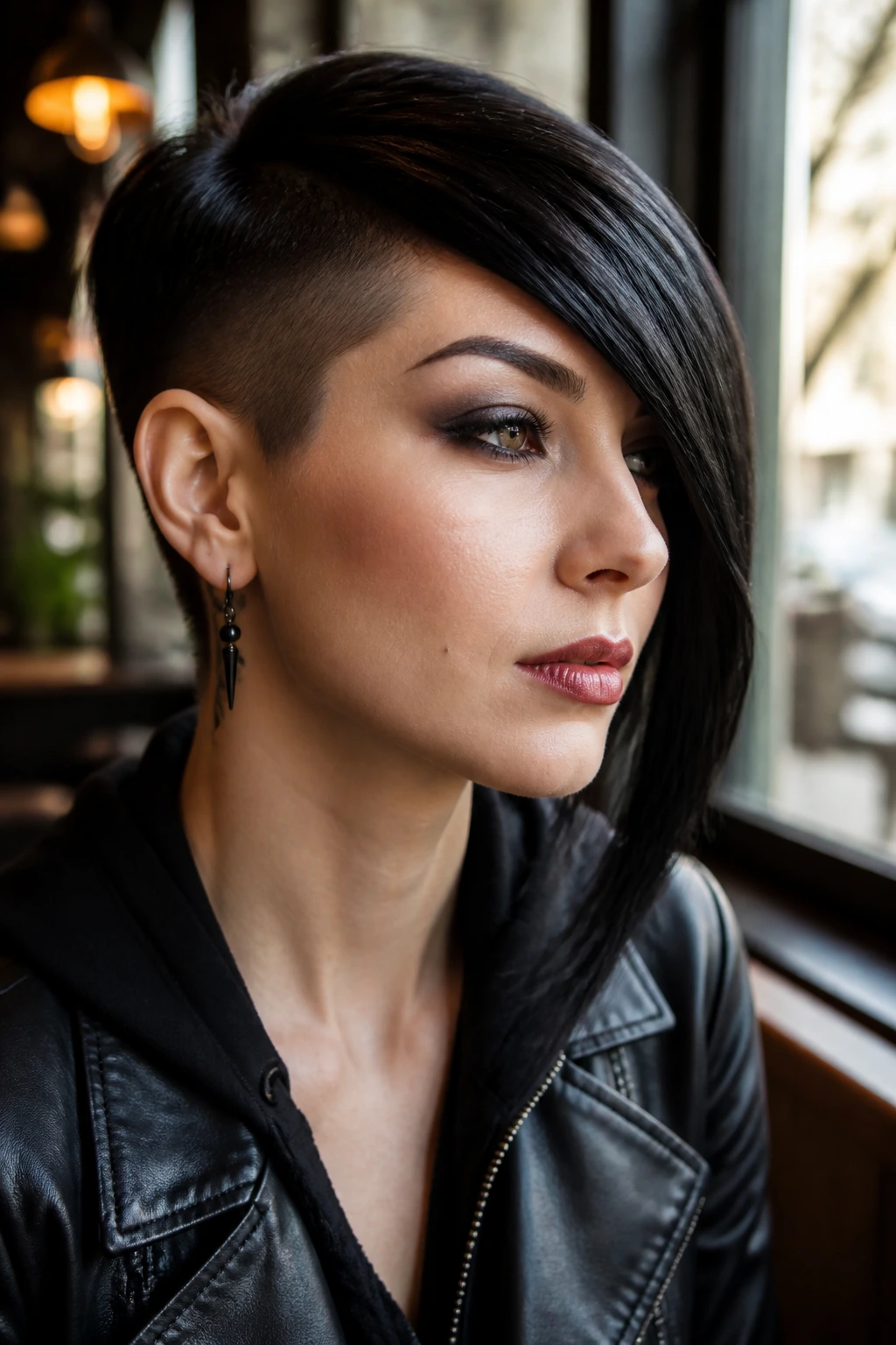 Close-up portrait of a real person with an asymmetrical swept fringe and undercut, highlighting sharp contrast.