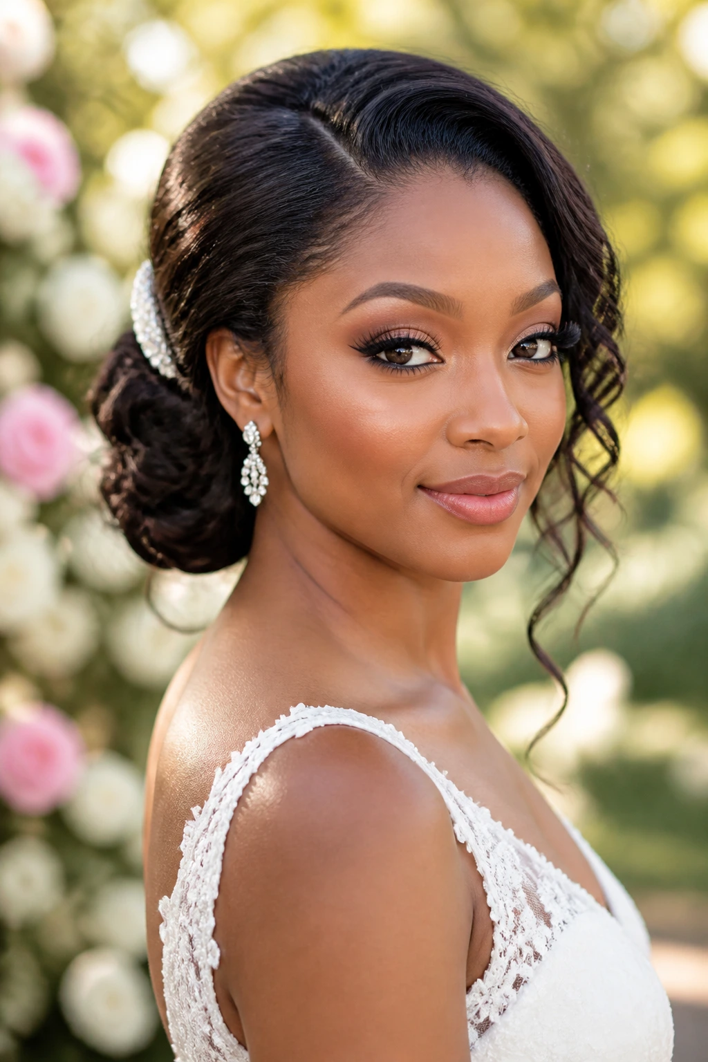 Close-up of a bridal portrait showing an asymmetrical updo with a pinned side and loose curls on the other side.