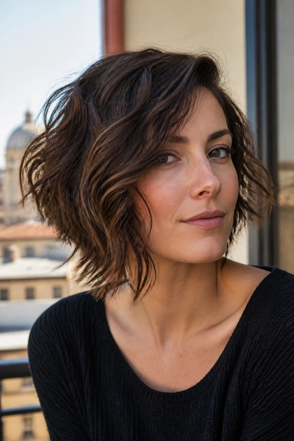 Close-up of a woman with an asymmetrical wave bob in natural light