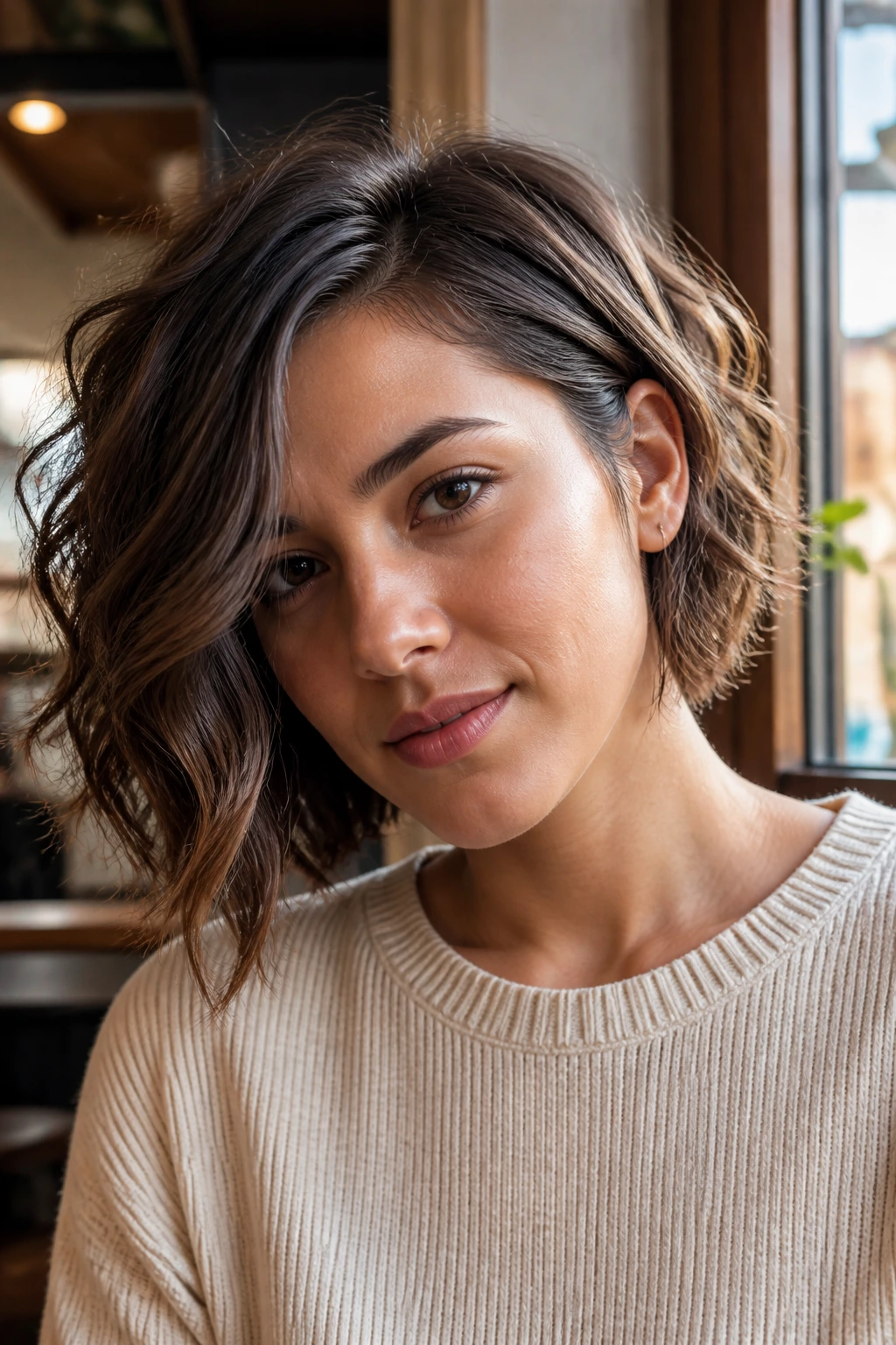 Close-up of a real person with an asymmetrical wave bob hairstyle