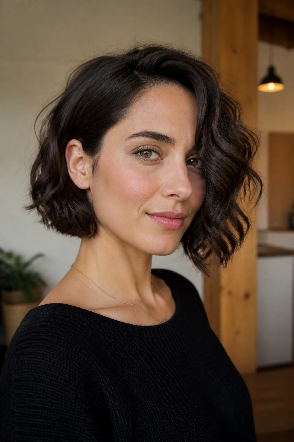 Close-up of a real person with an asymmetrical wave bob