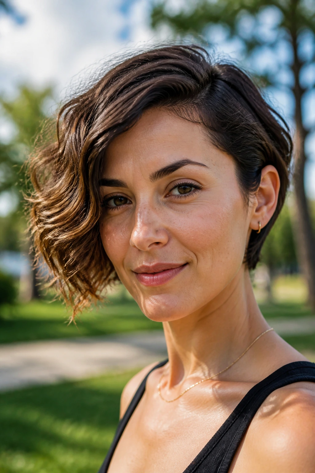 Close-up of a real woman with asymmetrical waves on short hair, one side fuller than the other