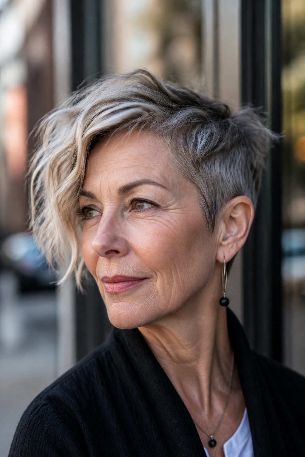 Older woman with asymmetrical wavy pixie