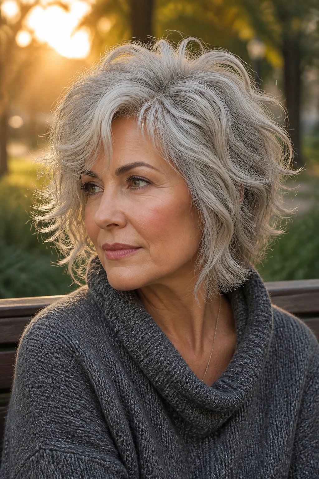 Close-up of a real woman with asymmetrical wavy shag