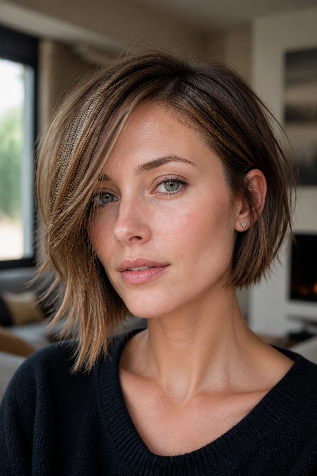 Close-up of a woman with asymmetrical wispy bob