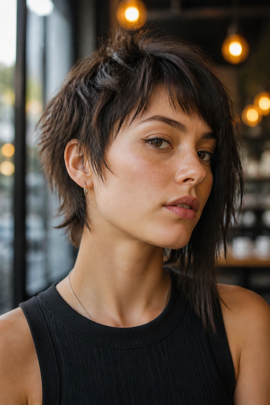 Close-up portrait of a real person with an asymmetrical wolf cut, one side longer, in a sunlit cafe backdrop.
