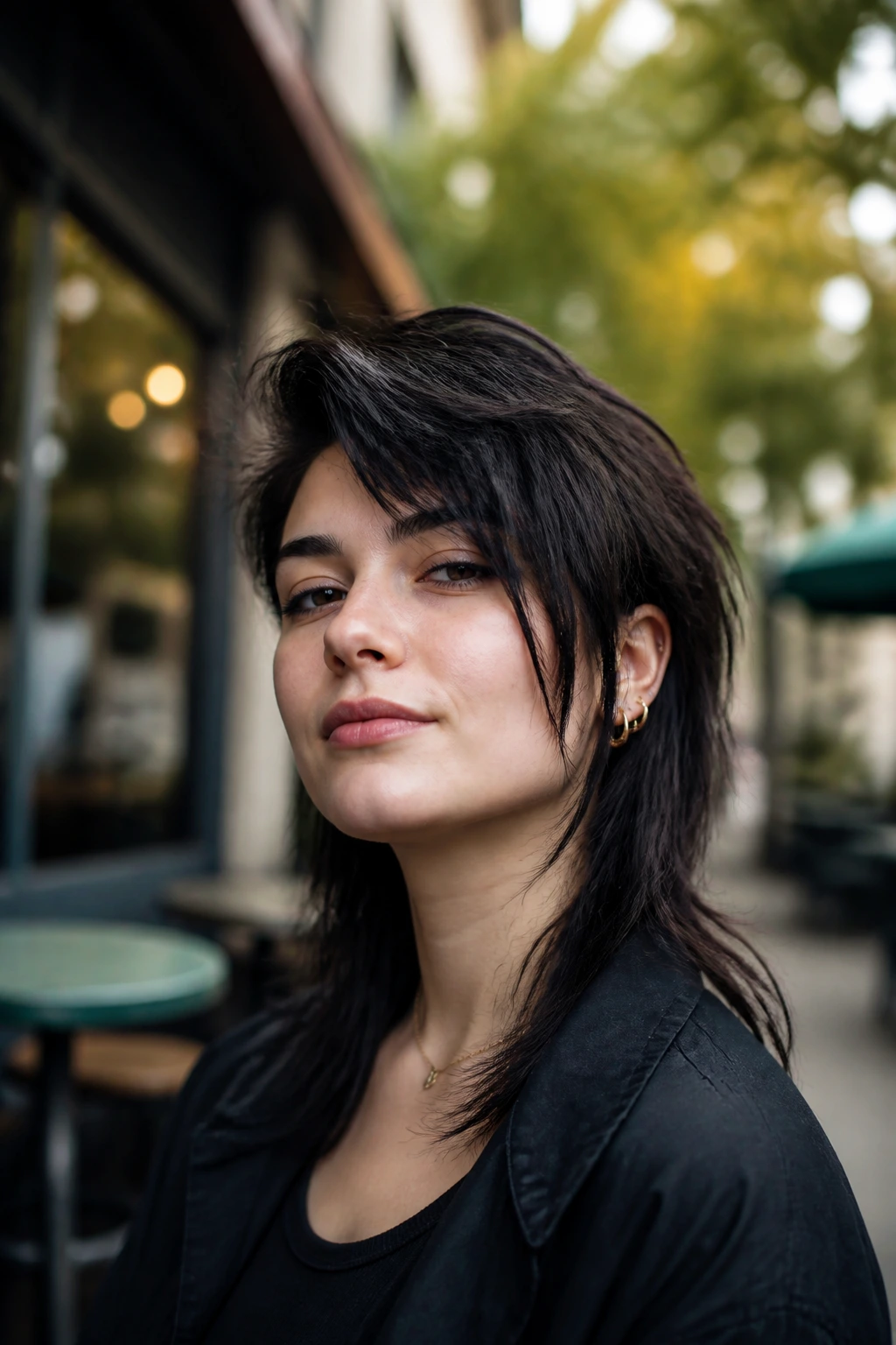 Close-up portrait of a real person with asymmetrical wolf cut and side sweep in a street-style setting