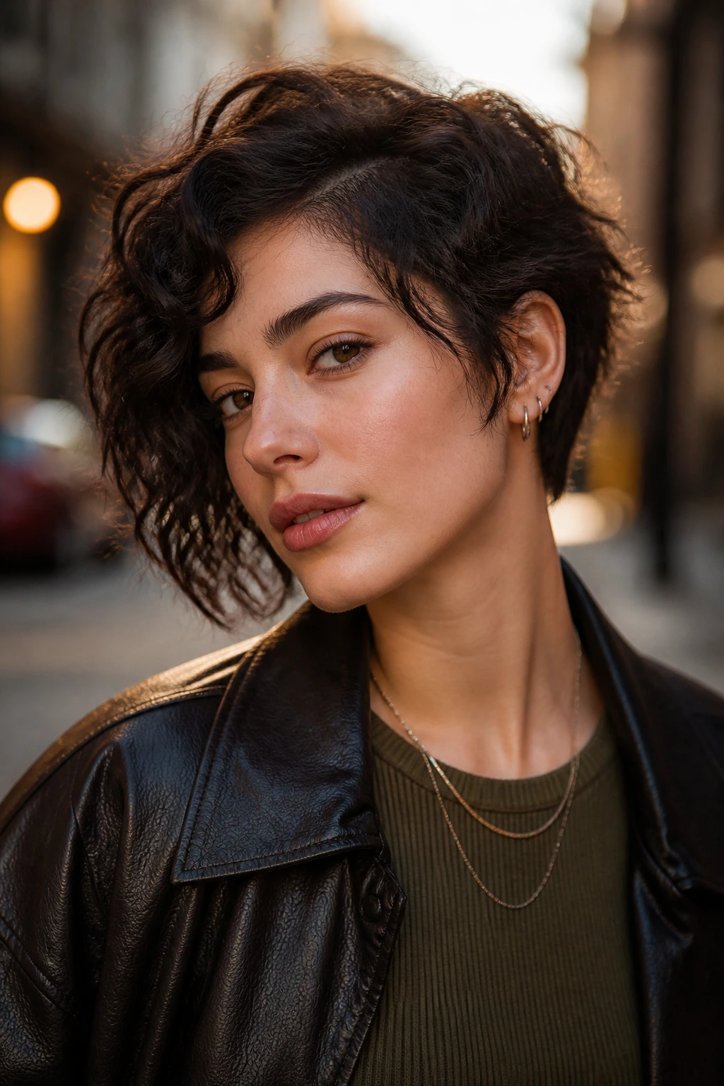Portrait of a real person showing an asymmetrical wolf cut with one side longer