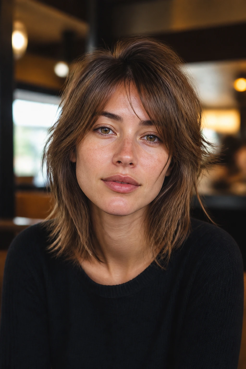 Close-up portrait of a real person with an asymmetrical mini wolf cut showing off-center part and subtle movement