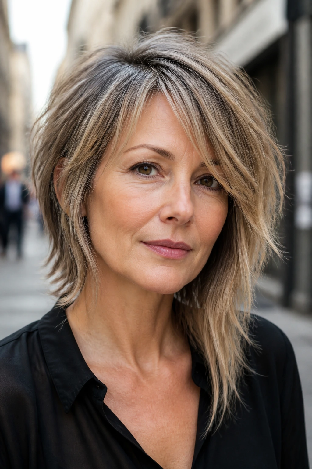 Close-up portrait of a real person with an asymmetrical wolf cut one longer side