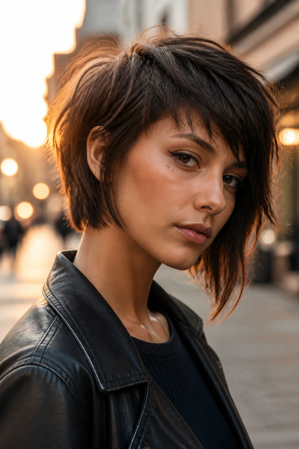 Portrait of a real person with asymmetrical wolf cut bob on a city street at golden hour