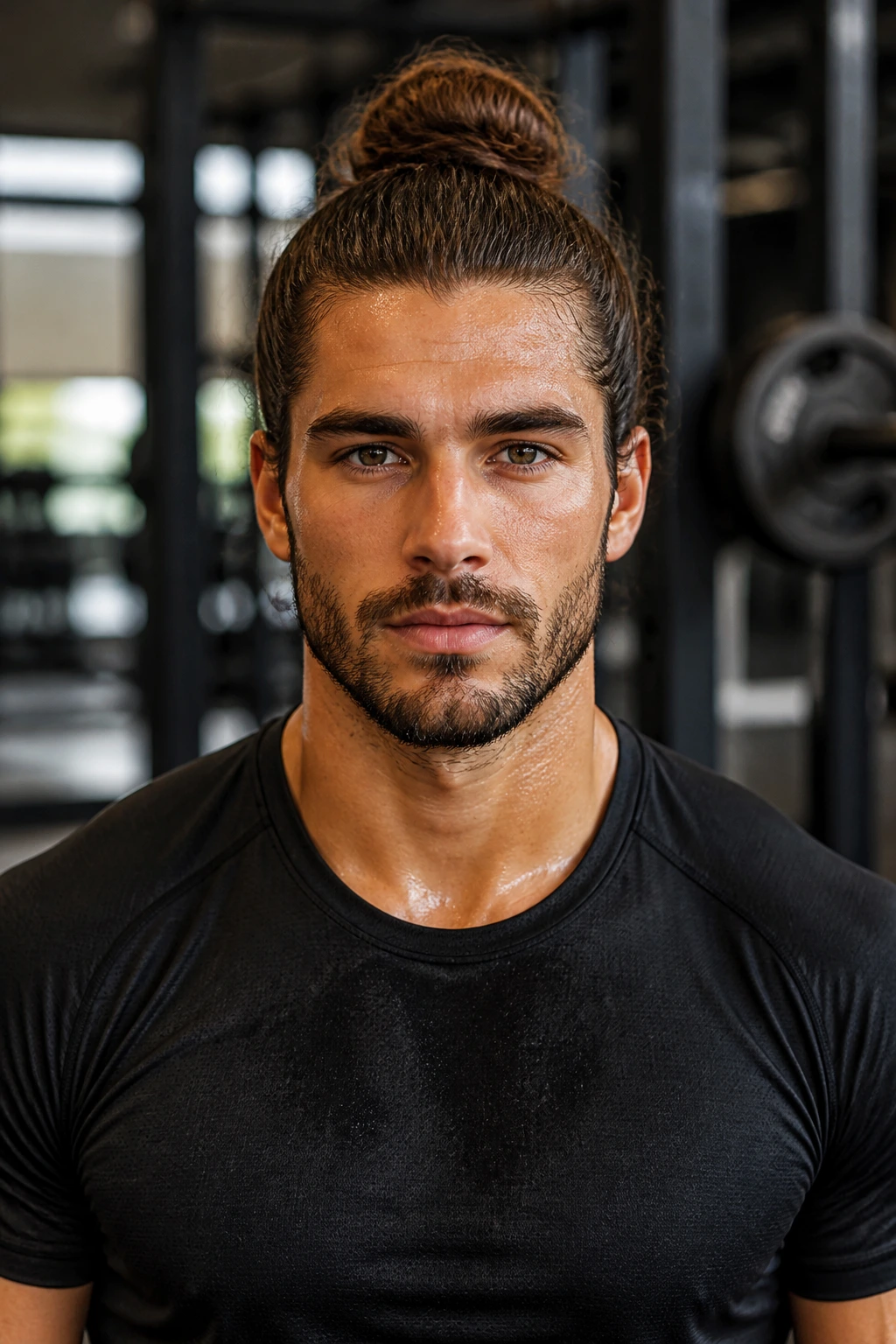 Head-and-shoulders portrait of a man with an athletic bun during a workout