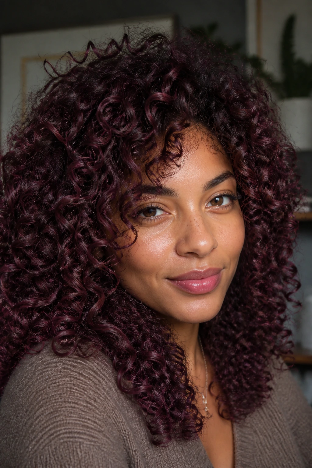 Close-up of aubergine burgundy curls on a real person with soft indoor light