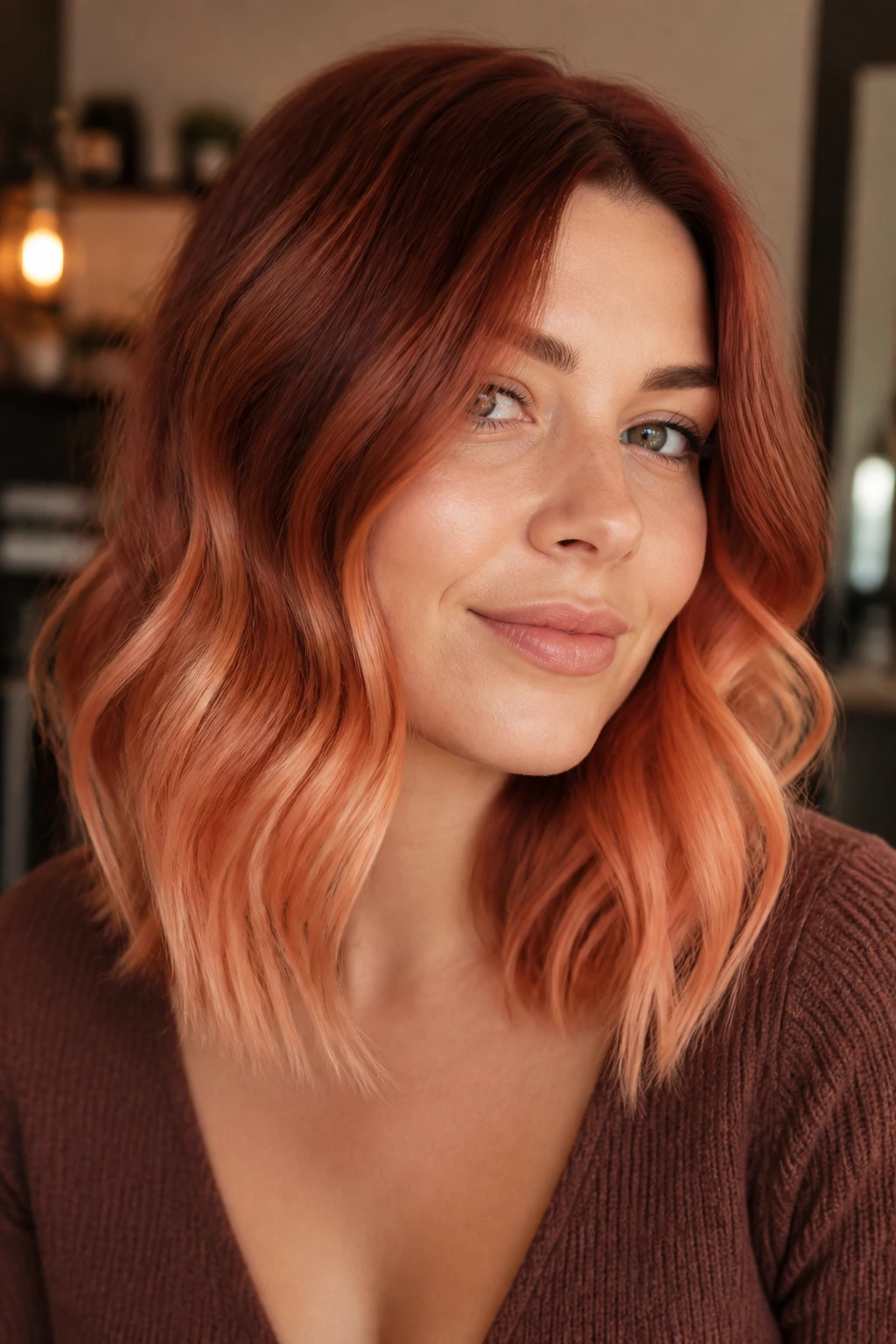 Close-up portrait of a real woman with auburn to apricot ombre on medium-length hair