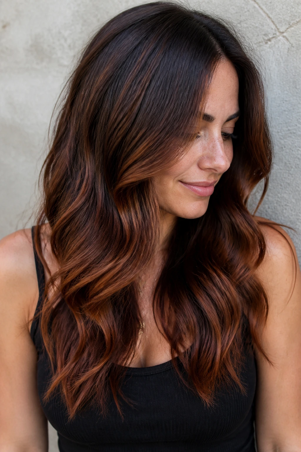 Auburn balayage on brunette hair portrait