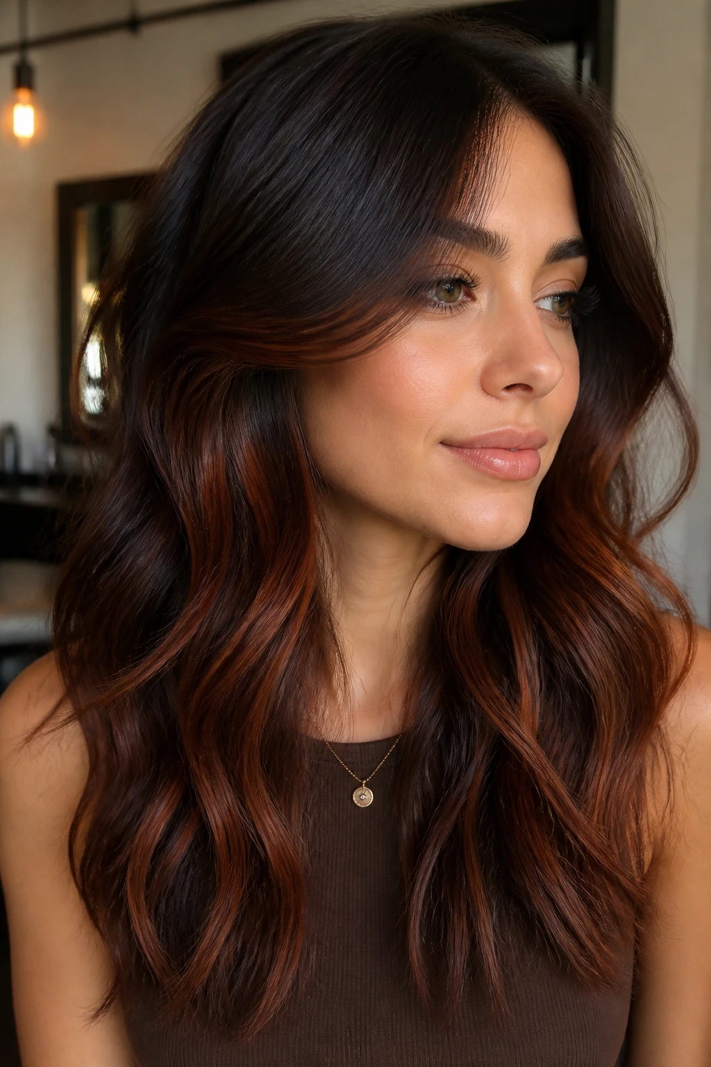 Real person with auburn whisper balayage under brunette hair