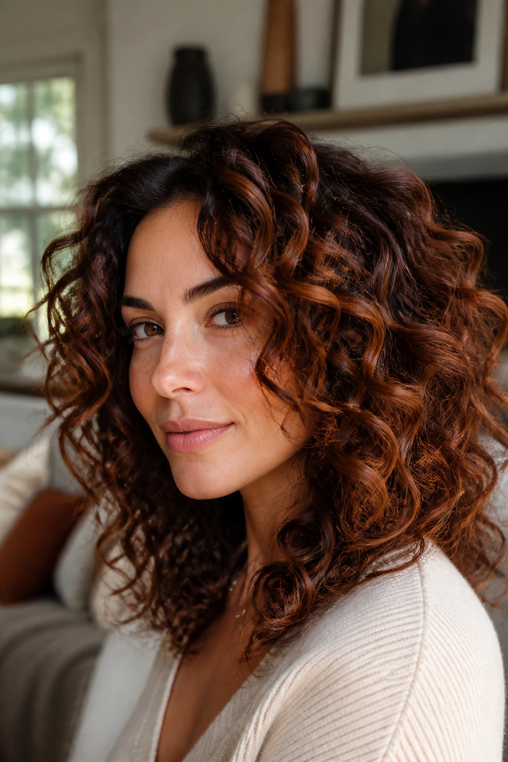 Close-up of a real woman with auburn balayage on curly hair in warm window light