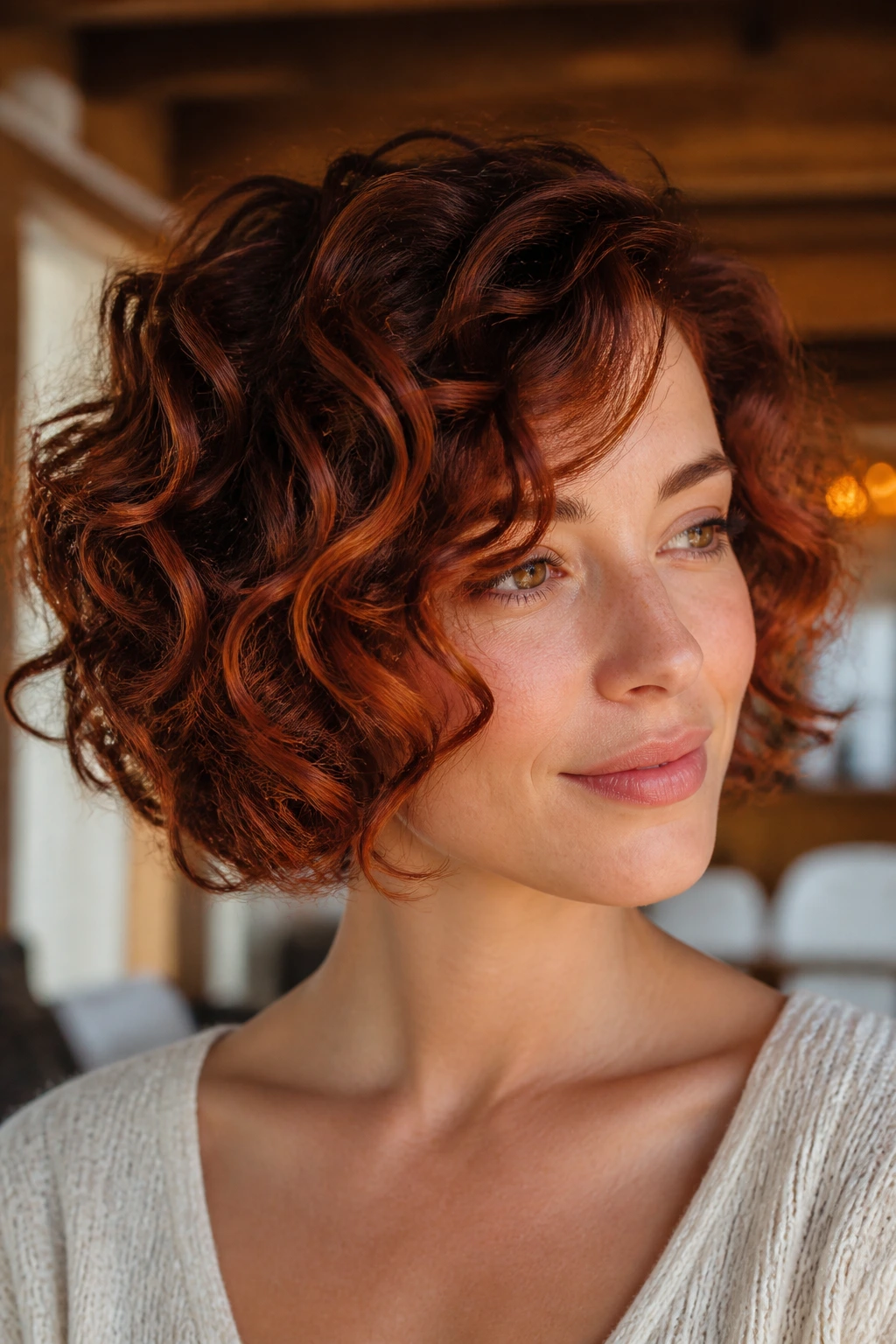 Close-up of a real woman with curly bob and auburn balayage.