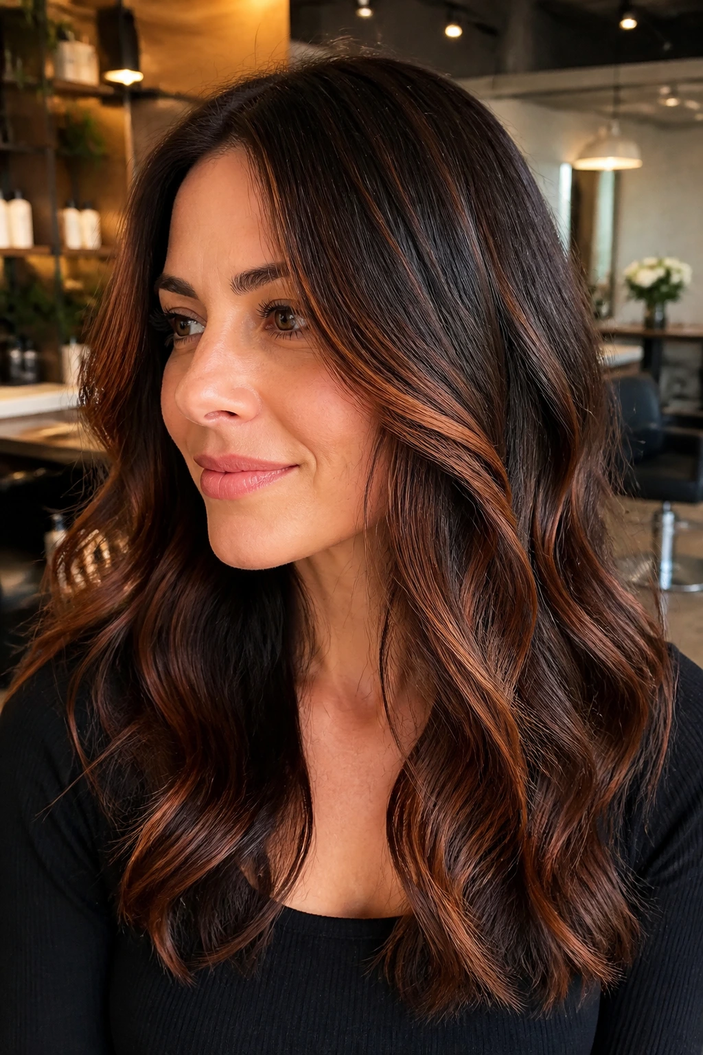 Close-up of dark brown hair with auburn balayage around face