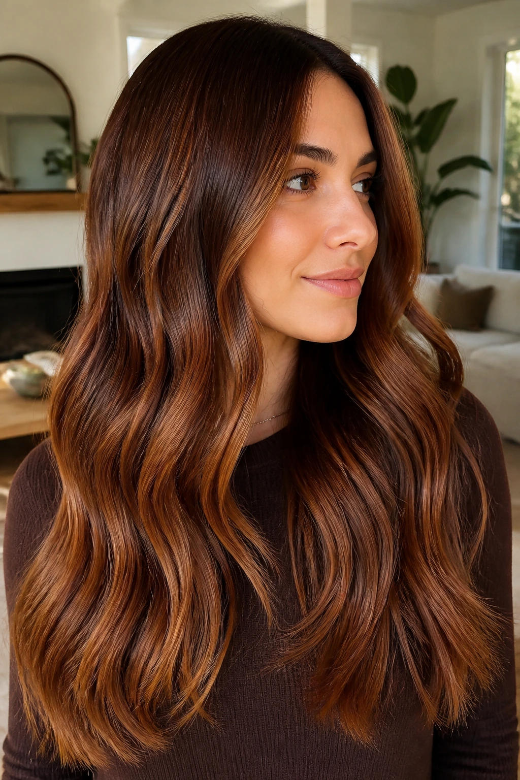 Portrait of a woman with long hair showing auburn balayage and glossy mids.