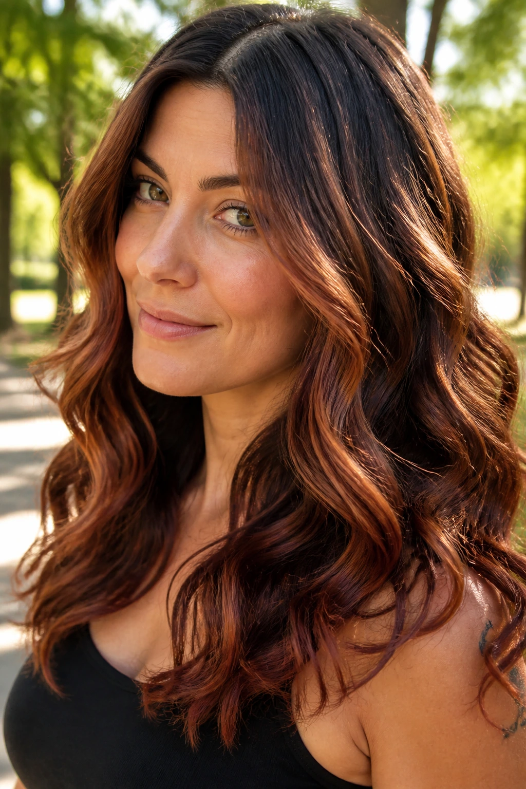 Close-up portrait of a real woman showcasing Sunlit Auburn Slices in thick hair.