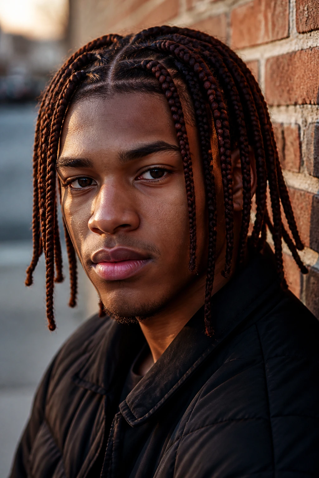Close-up of a real man with auburn box braids in outdoor setting