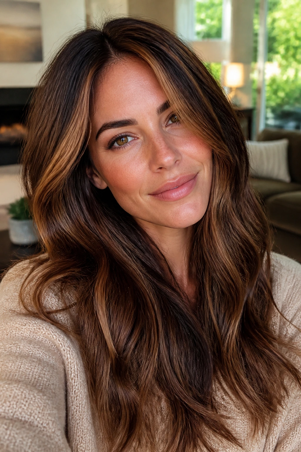 Close-up of a real woman showing Auburn Bronde Blend hair with caramel-copper highlights