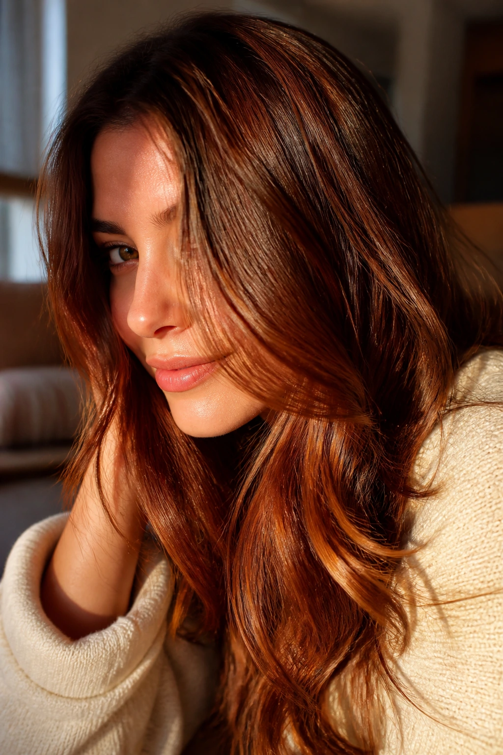 Close-up portrait of a real woman with auburn bronze glow in warm natural light