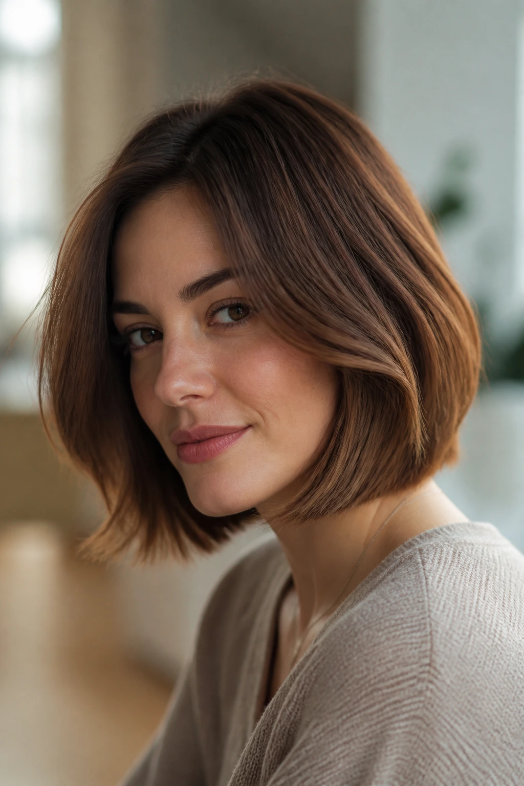 Close-up portrait of a real woman with an auburn-brown bob under warm window light