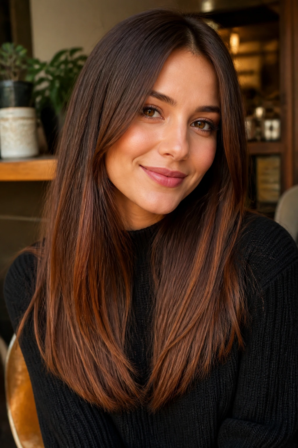 Real woman with auburn-kissed brown straight hair under warm light