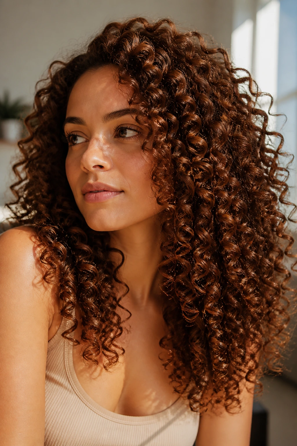Close-up portrait of auburn brown curls on a real person with spiral pattern