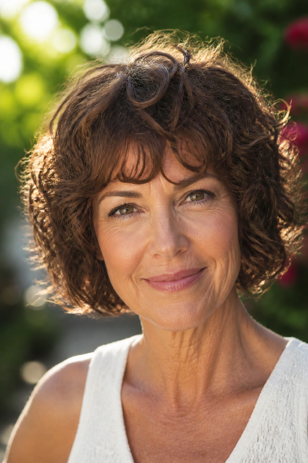Close-up of a real woman with auburn-brown curly bob and curved bangs.