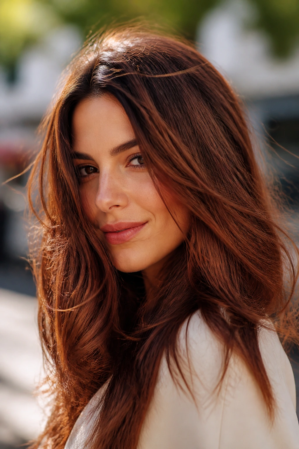 Portrait of a real woman with soft auburn-brown hair and sunlit highlights.
