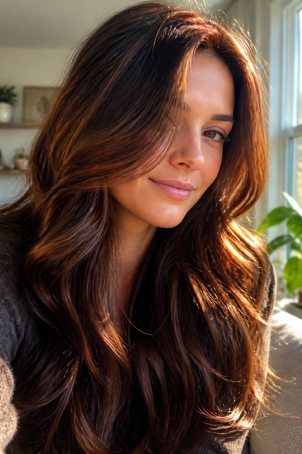 Close-up of a real woman with auburn-brown hair catching sunlight in glossy waves