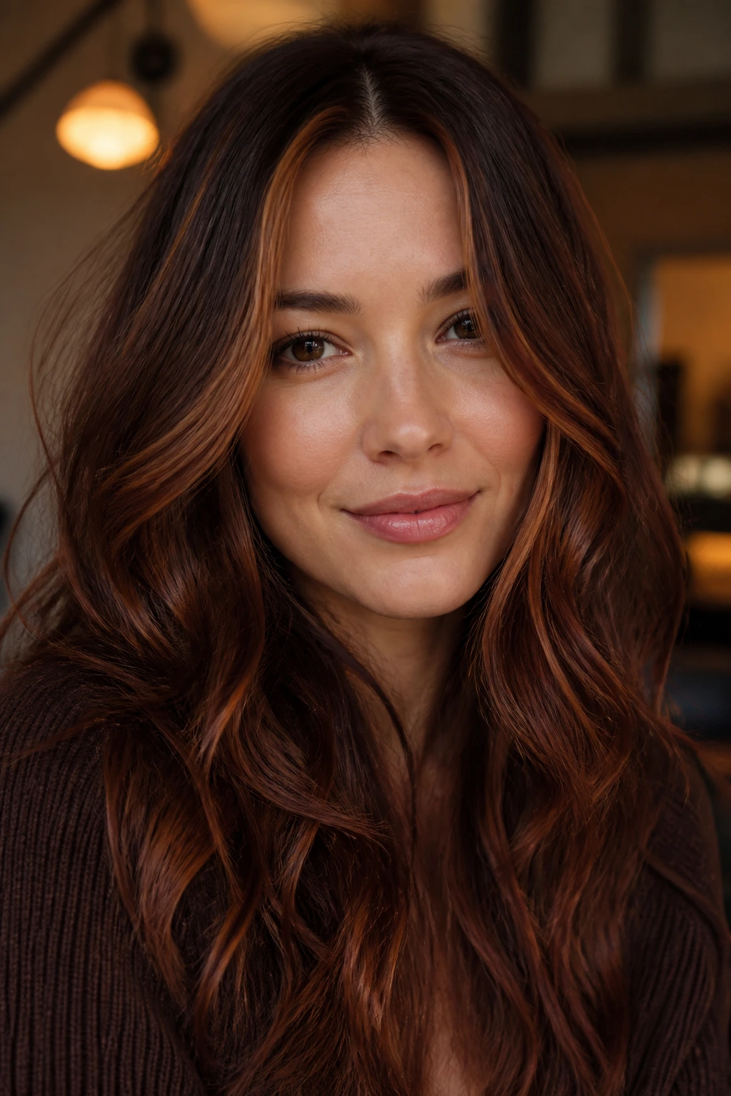 Brown hair with soft auburn warmth around the face