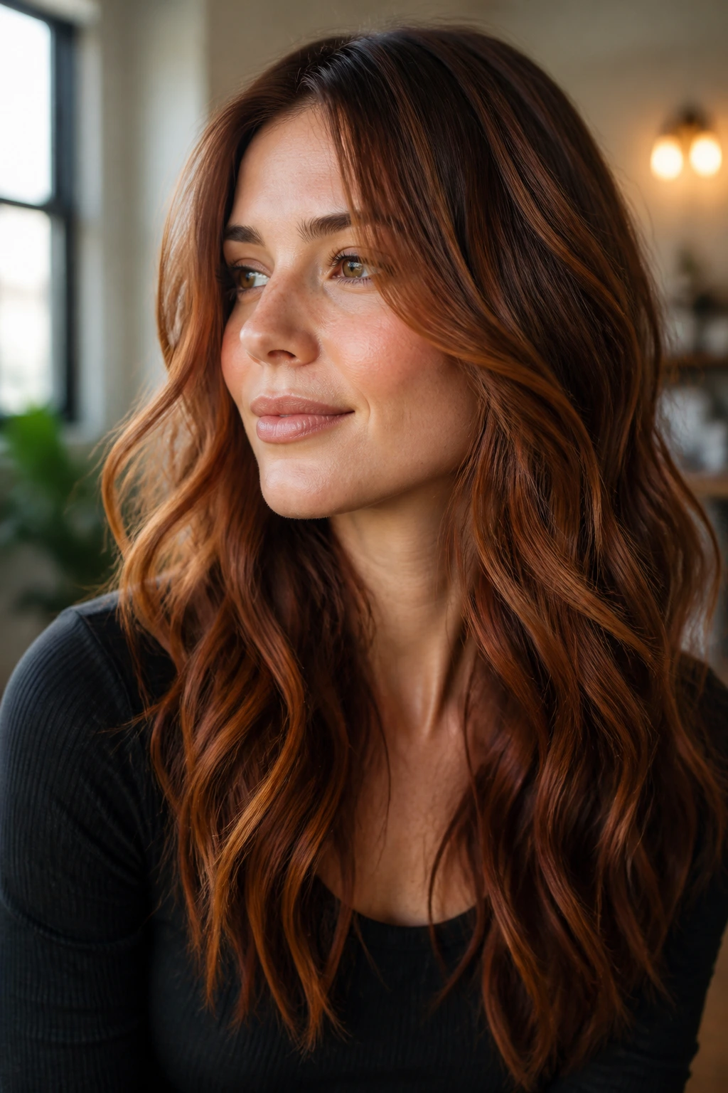 Portrait of a woman with brown-based auburn hair showing depth and contrast.