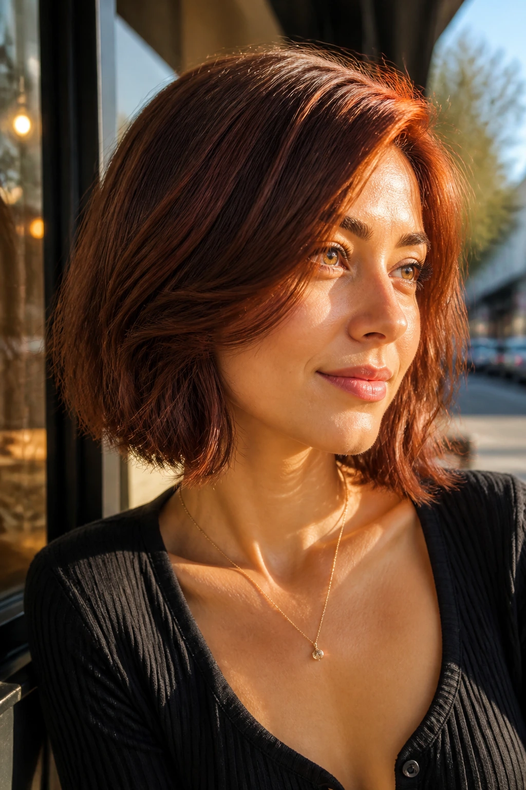Close-up portrait of auburn brown side-swept bob with warm red tones and dimensional face framing.